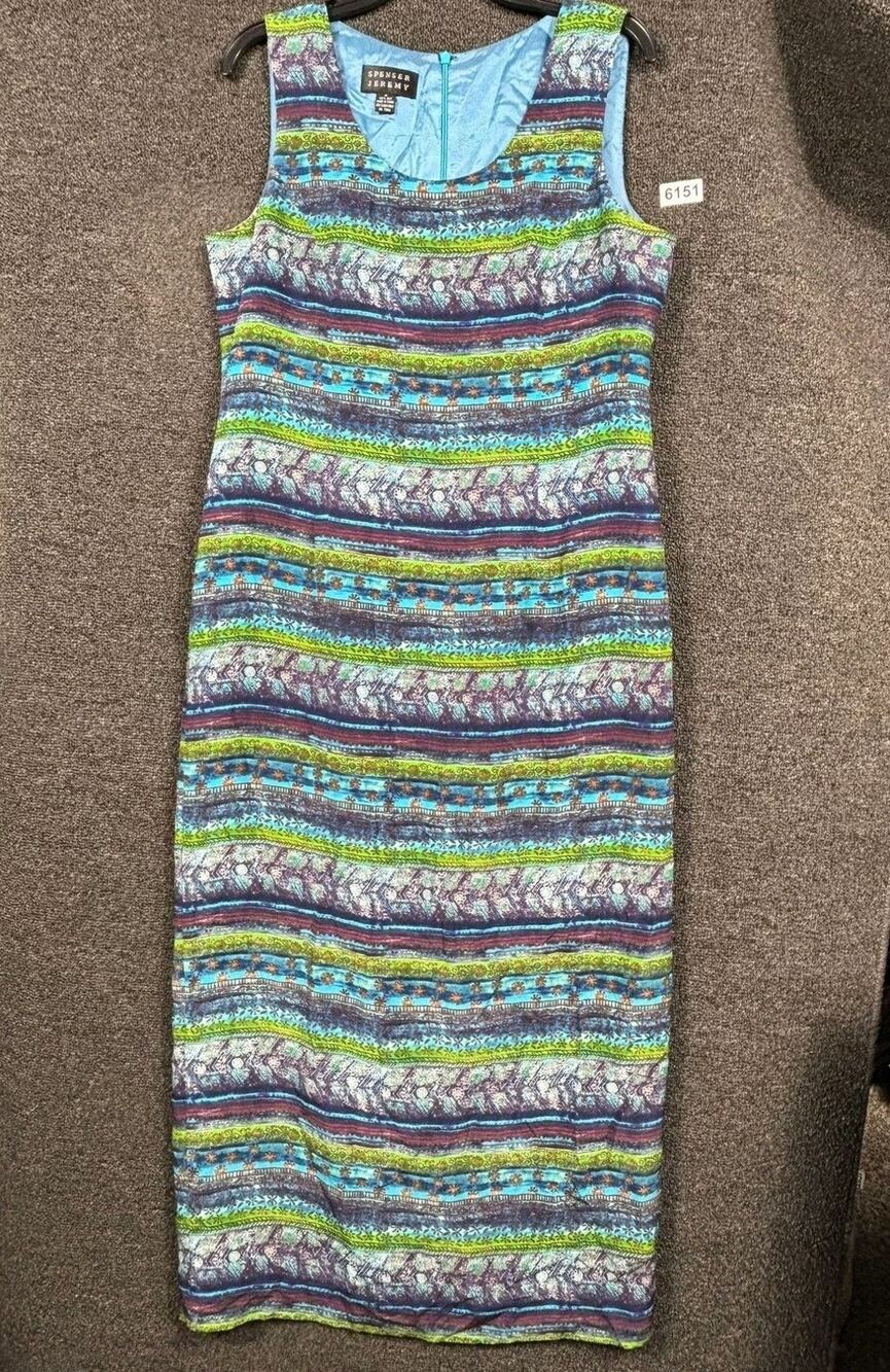 Spenser Jeremy 100% Silk Sheath Dress Womens Size 12 Blue Green Sleeveless